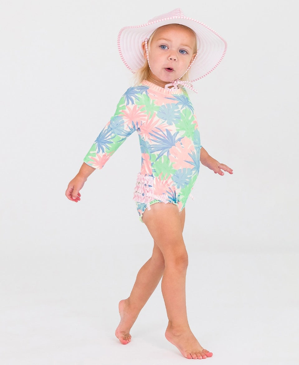 Pink Palms, Long Sleeve Swimsuit For Girls