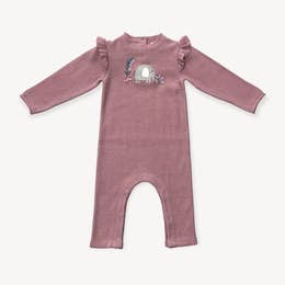 Elephant Embroidered Ruffle Baby Knit Jumpsuit (Organic) Vintage Rose