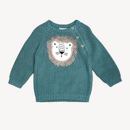 Lion Applique Baby Pullover Sweater Knit (Organic Cotton) Teal Blue