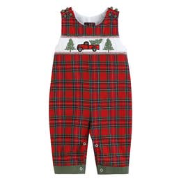 Red Plaid Truck & Tree Smocked Overalls