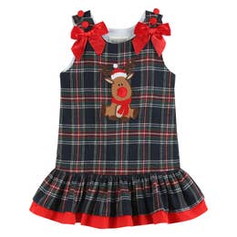 Navy and Red Plaid Reindeer Ruffle Dress