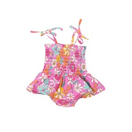 TROPICAL RETRO FLORAL SMOCKED BUBBLE W/ SKIRT