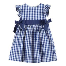 Royal Blue Gingham Tie-Accent Angel-Sleeve Dress