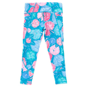 Girls Athletic Legging in barrier reef palm print ( blue background)