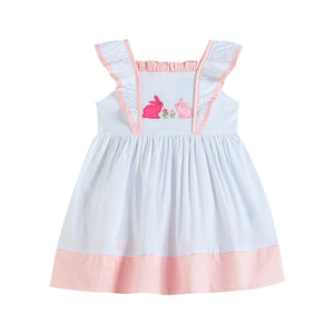White and Pink Bunnies and Flowers Ruffle Dress