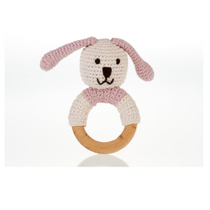 Organic Pink Doggie wooden ring rattle