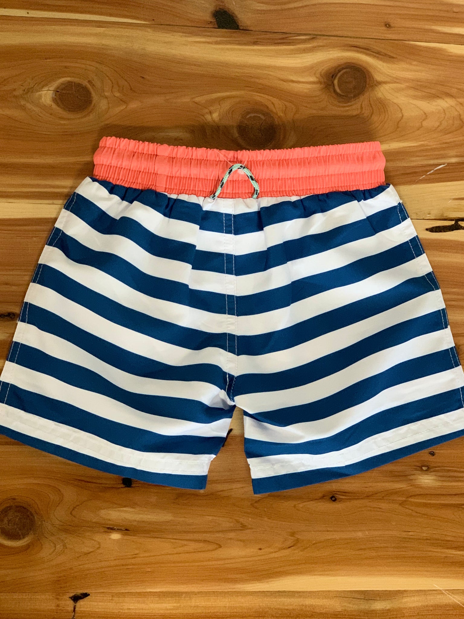 Navy and Coral Striped Swim Trunk