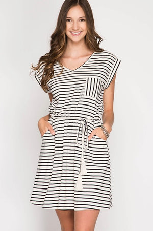 Short Sleeve Striped Dress w/ Cotton Tassel Belt