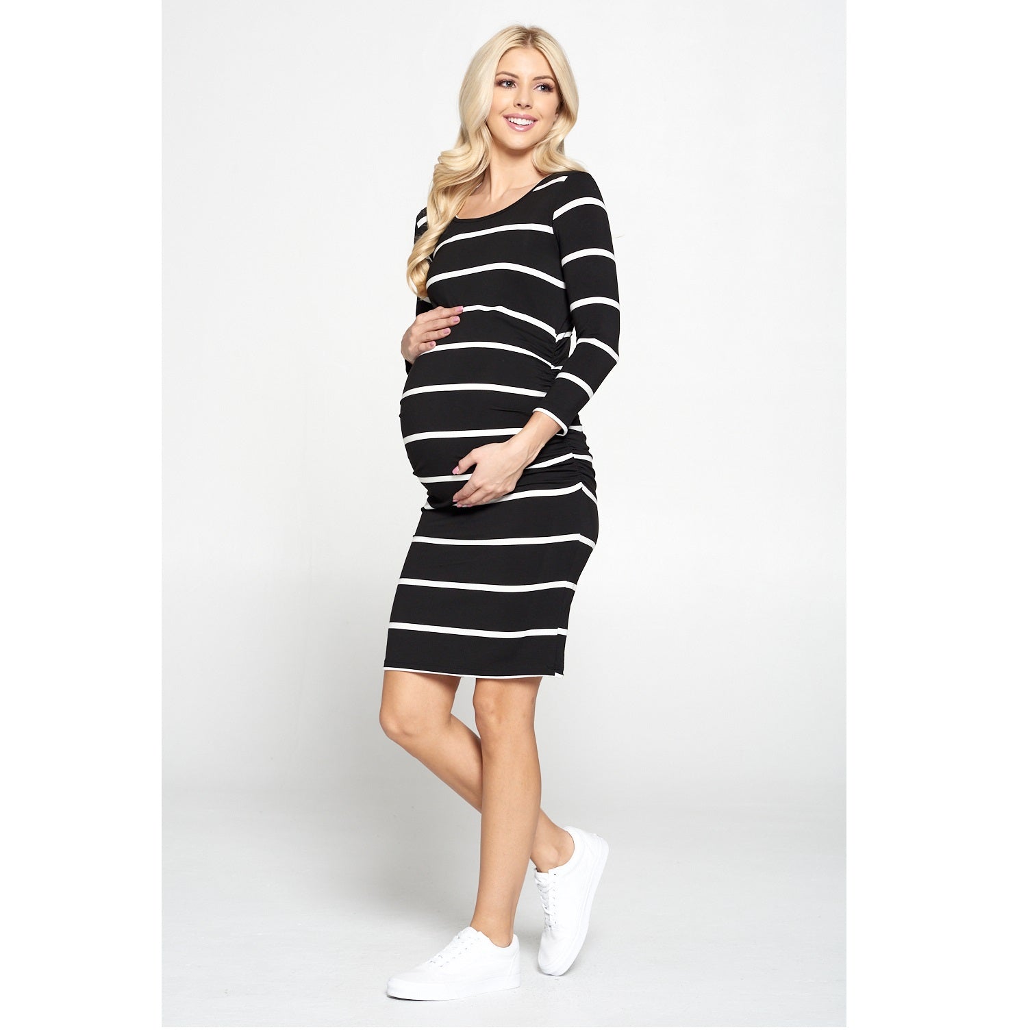 Maternity Black and White Stripe 3/4 Sleeve Dress