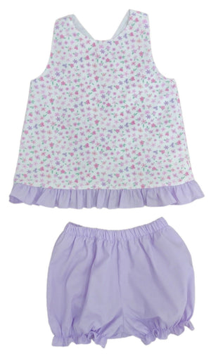 PINAFORE BLOOMER SET PINK AND PURPLE FLORAL WITH LAVENDER TRIM